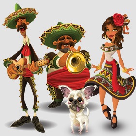 Characters from Cinco de Mayo slot Popping Piñatas, Two Mariachis a female dancer and a small dog 