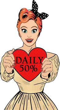 Slots Capital mascot holding a heart with ‘Daily 50%’ promotion