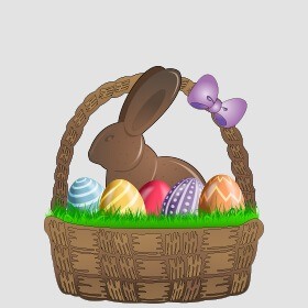 easter basket filled with colored eggs and a hallow chocolate bunny