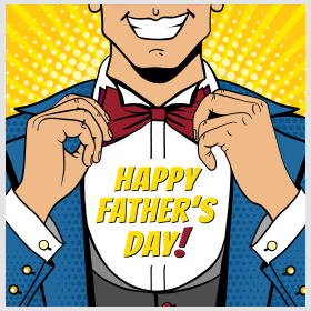 happy father's day, man wearing a suit and tie and a lettering in front saying happy father's day!