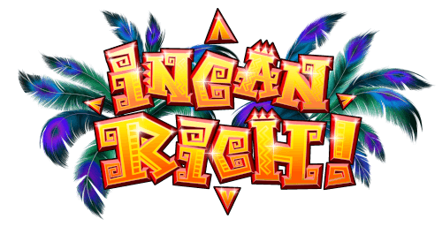 Incan Rich Slot game logo, Incan rich shiny golden letters, with colorful feathers in the background