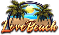 love beach logo, love beach written and in the background a sunny beach with two palm trees