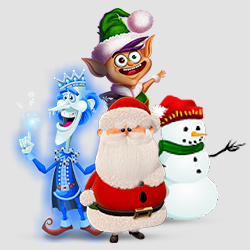 Four Christmas Slot characters(an elf, Jack Frost, Santa and a snowman), standing together