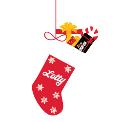christmas sock filled with presents, casino promotion coupons and sweets