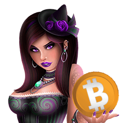 witches of salem character holding Bitcoin Icon