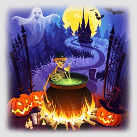 fireplace with a boiling pot on it, in the boiling pot sits a skeleton while pumpkins surround it. In the back you see a castle and a ghost. Happy Halloween from Slots Capital