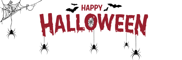 Happy Halloween in spooky red letters with bats flying above and spider webs in the corners.