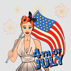 Slots Lotty wearing a black dotted dress holding the American Flag with fire works in the background, happy fourth of july, independence day