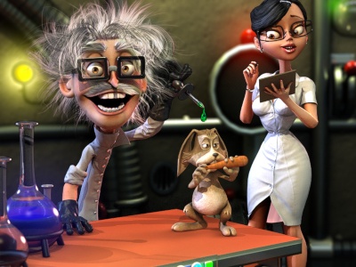 madder scientist slot characters, the mad scientist with his assistant and the rabbit on the table holding a carrot
