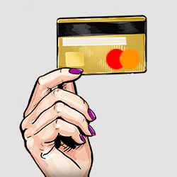 hand with purple nail polish holding a golden mastercard