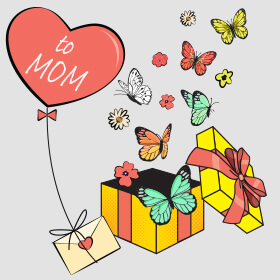 Mother's Day at Slots Capital, Yellow giftbox with butterflies and fowers and a love letter tied to a heart-shaped balloon