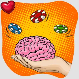 Hand holding a brain with casino chips surrounding it as well as a red heart
