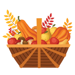 basket full of harvest crops, pumpkins, mushrooms and apples, thanksgiving started