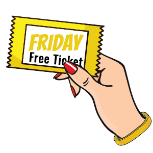 Hand with red nail polish holding a yellow colored Friday Free ticket