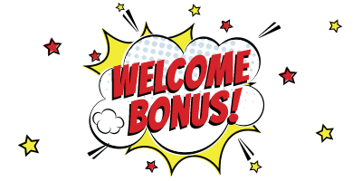 Welcome Bonus lettering in comic style, red and yellow colored